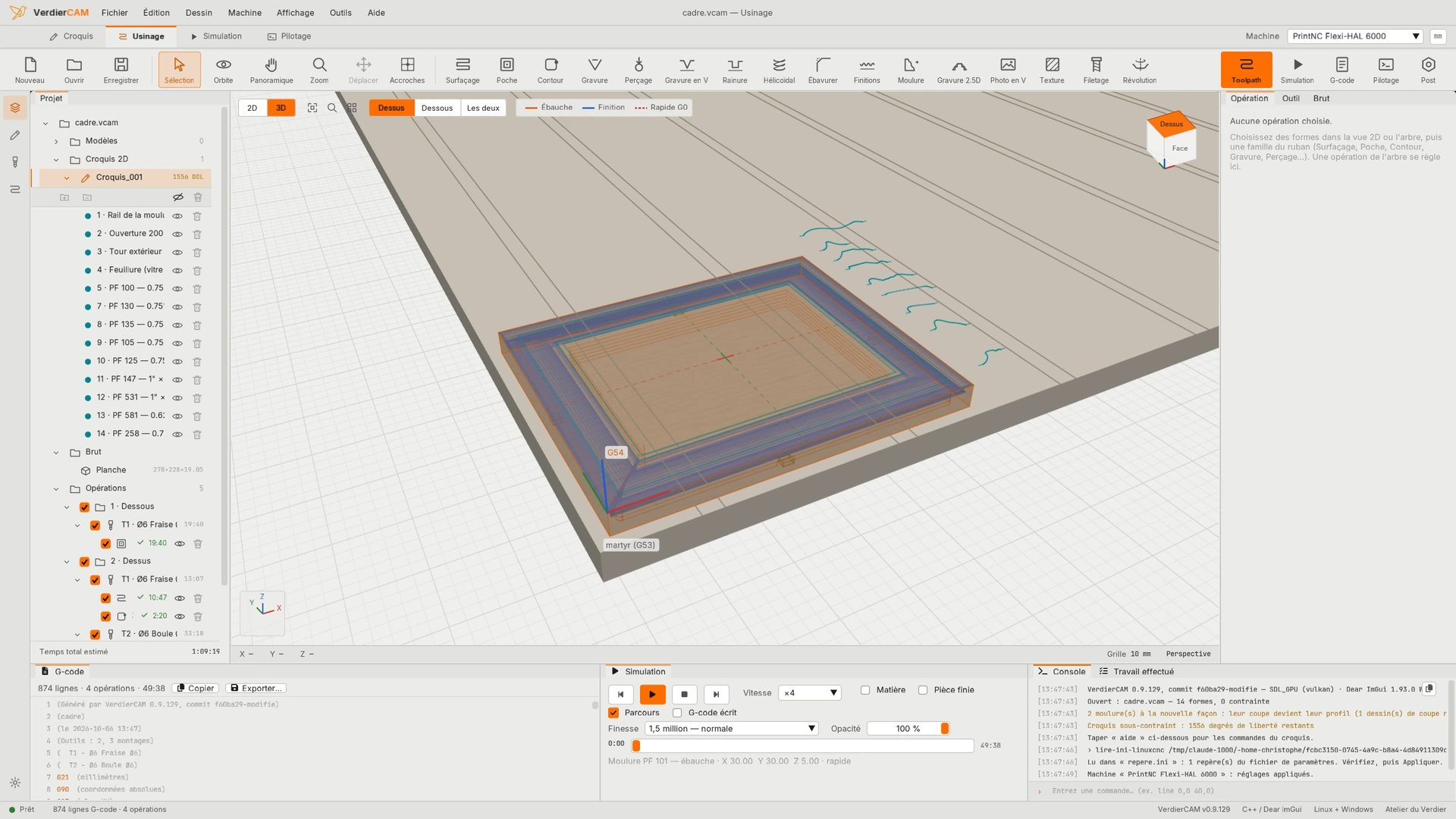 Un cadre en bois en vue 3D, avec les parcours d'ébauche en orange et de finition en bleu tracés sur le brut