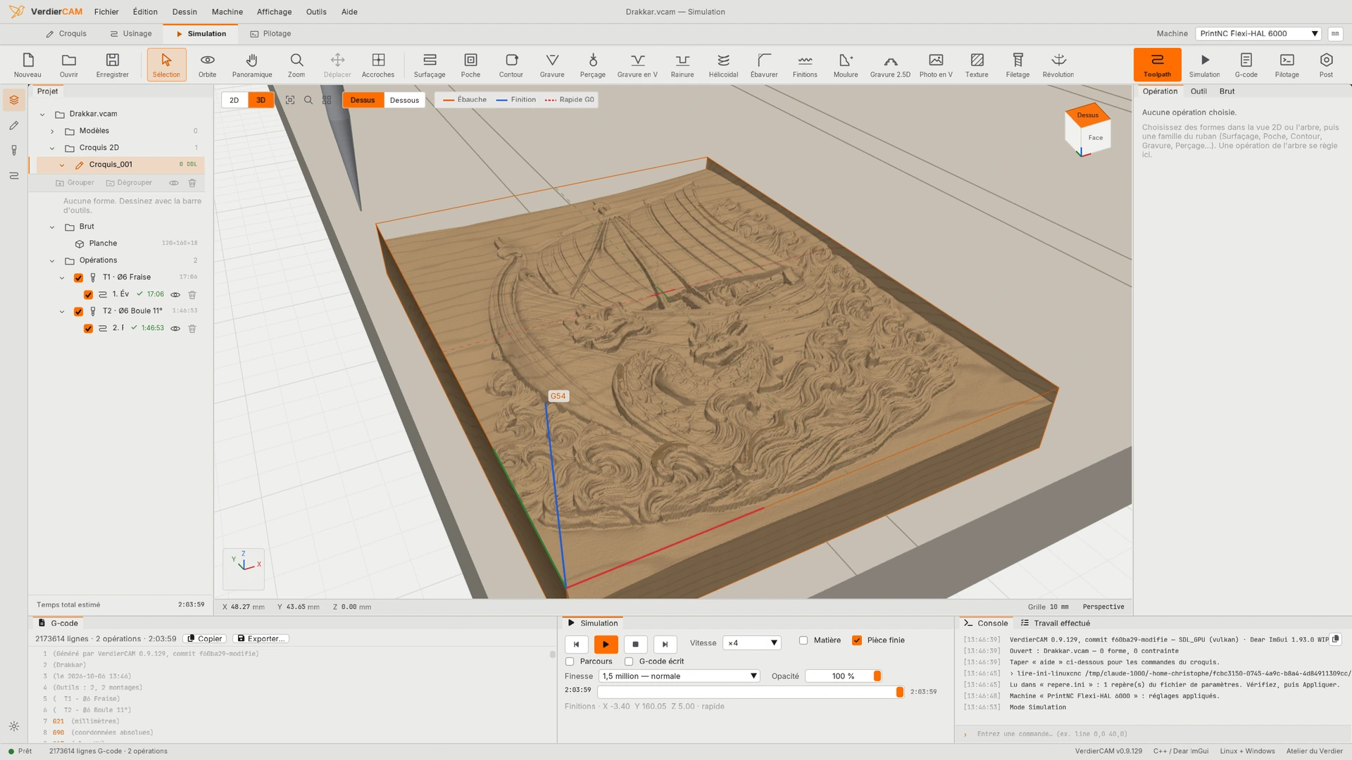 VerdierCAM en simulation : un drakkar sculpté en bas-relief dans un brut de bois, tiré d'une photo par le relief par IA. L'arbre des opérations à gauche, la simulation en bas.