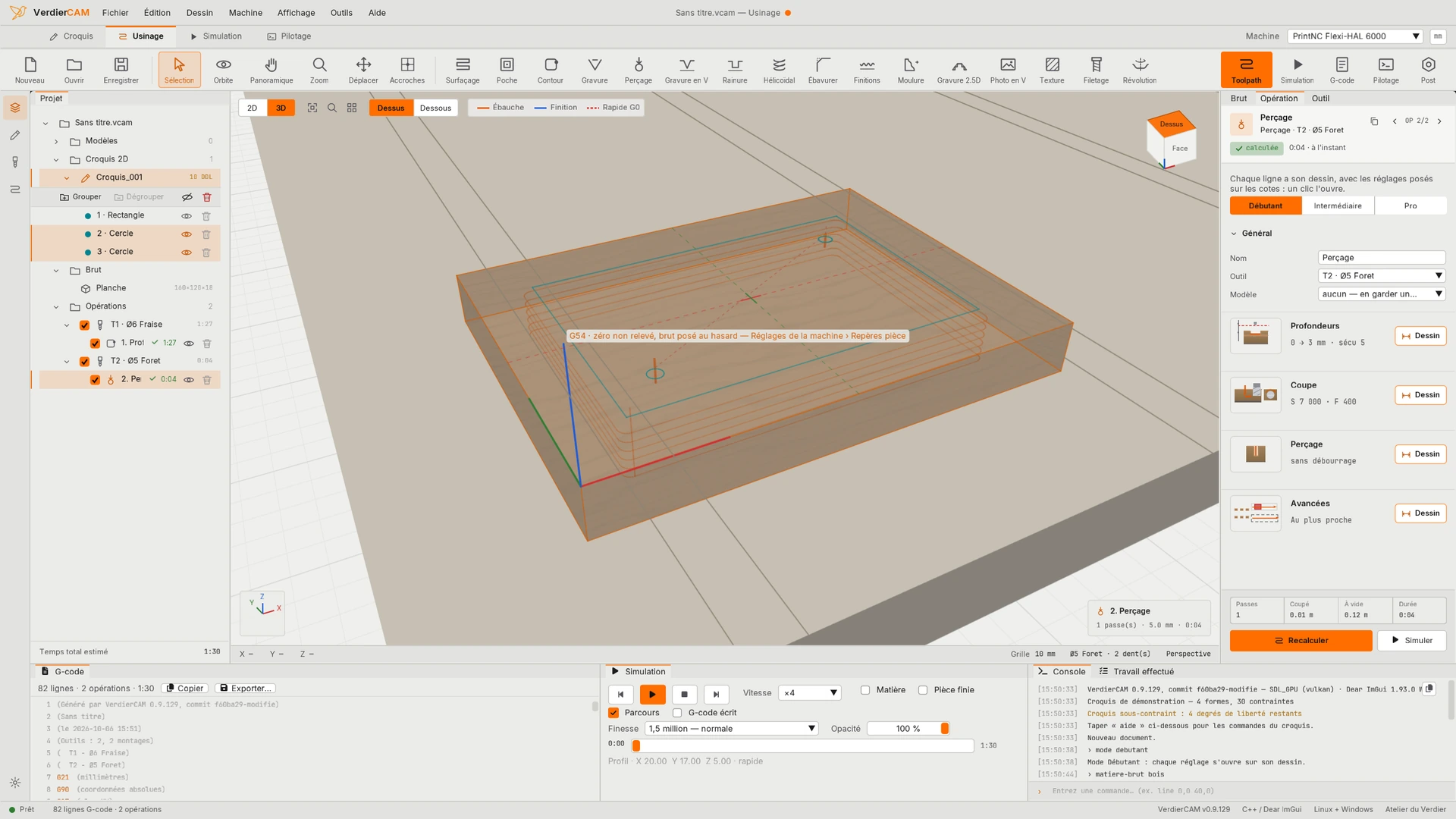 La vue 3D de VerdierCAM après calcul : les parcours d'ébauche en orange et de finition en bleu sur le brut de la plaque