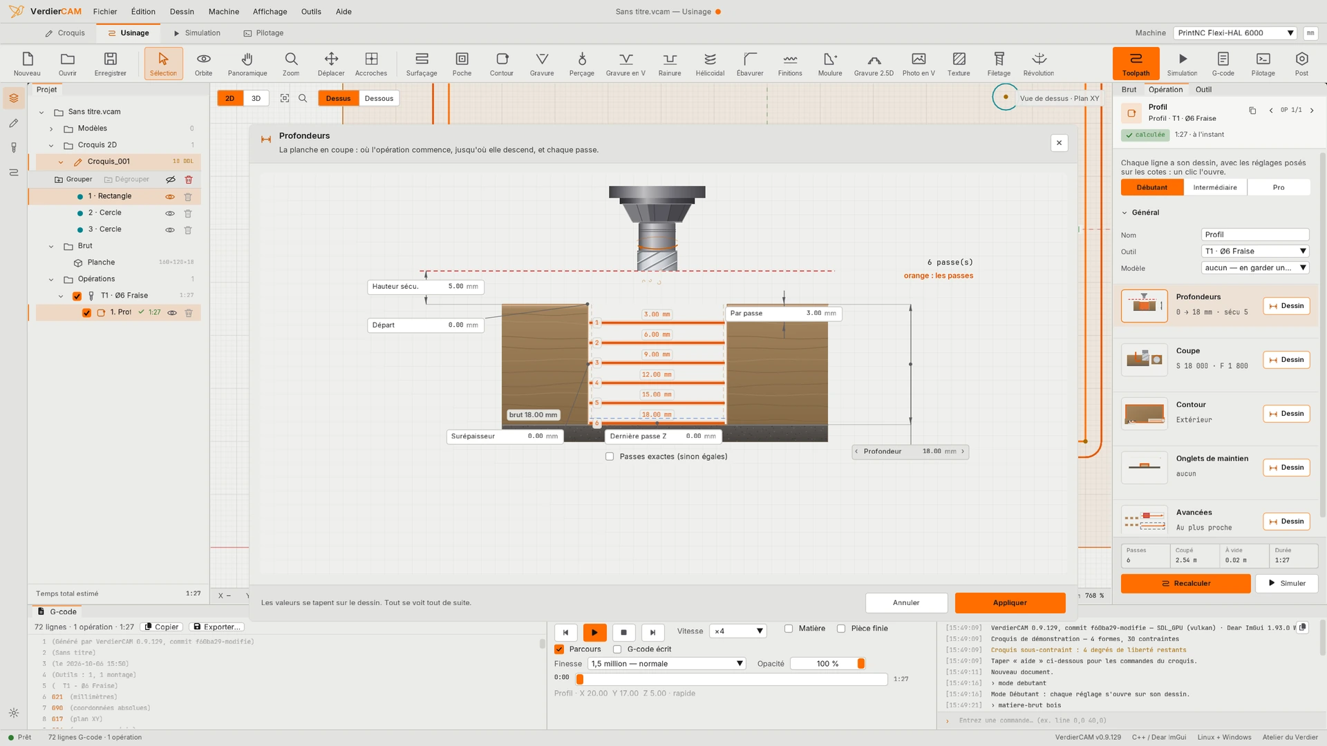 Le dessin des profondeurs du Contour en mode Débutant dans VerdierCAM : une coupe du bois avec la Profondeur posée à 18 mm, toute l'épaisseur de la planche