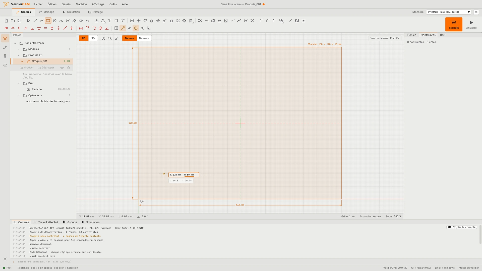 Le tracé d'un rectangle dans VerdierCAM : la largeur 120 et la hauteur 80 tapées au clavier pendant le tracé, avec de la marge sur la planche 160 × 120
